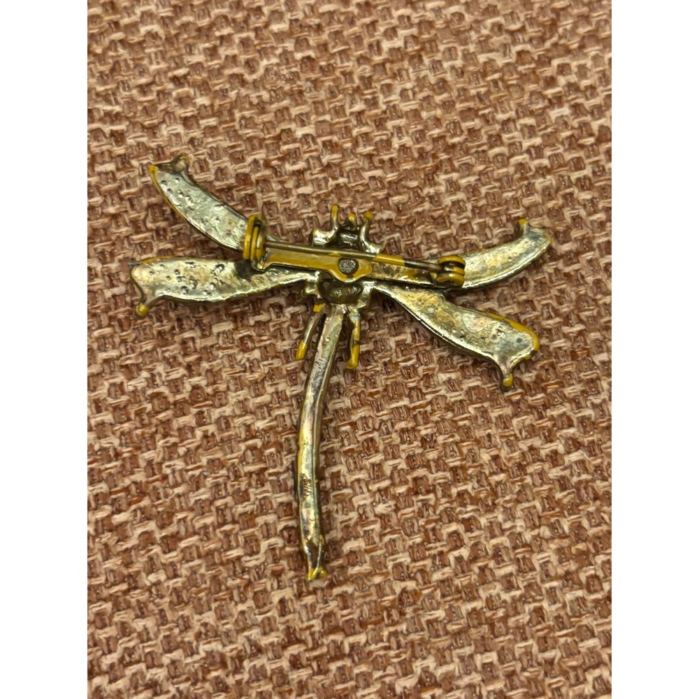 Vintage Dragonfly Brooch Yellow Black Enamel Insect Pin Distressed Jewelry - Picture 3 of 5